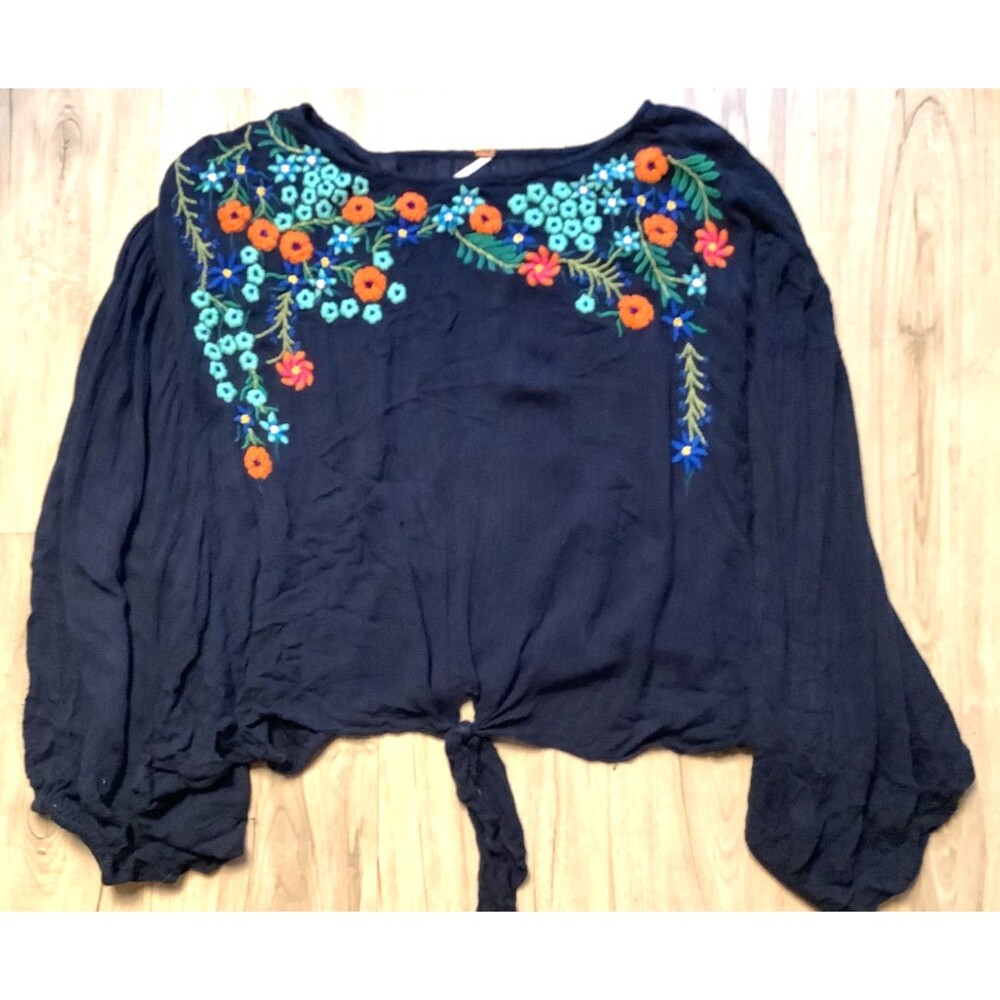 Free People Blouse LG Up And Away Embroidered Beaded Anthropologie Pullover Tie
